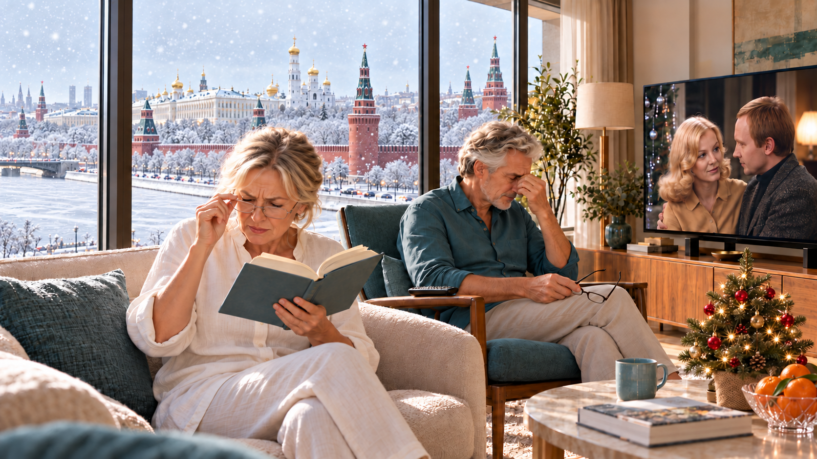 Снижение зрения мешает привычным занятиям: женщина с трудом читает, мужчина прерывает просмотр телевизора